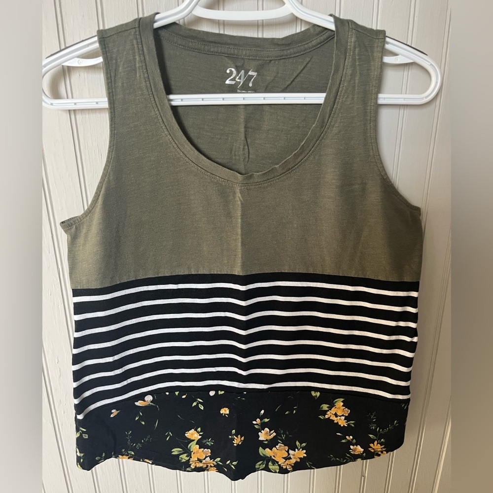 Maurice’s 24/7 Olive Green and Black Striped Floral Women's Tank Top